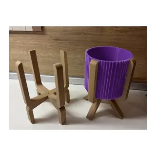 3D Baskı Ayaklı Çizgili Saksı - Bej Standlı Dekoratif Saksı - Mor