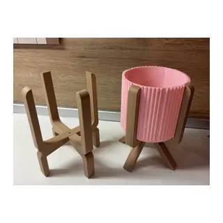 3D Baskı Ayaklı Çizgili Saksı - Bej Standlı Dekoratif Saksı - Pembe