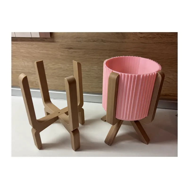 3D Baskı Ayaklı Çizgili Saksı - Bej Standlı Dekoratif Saksı - Pembe