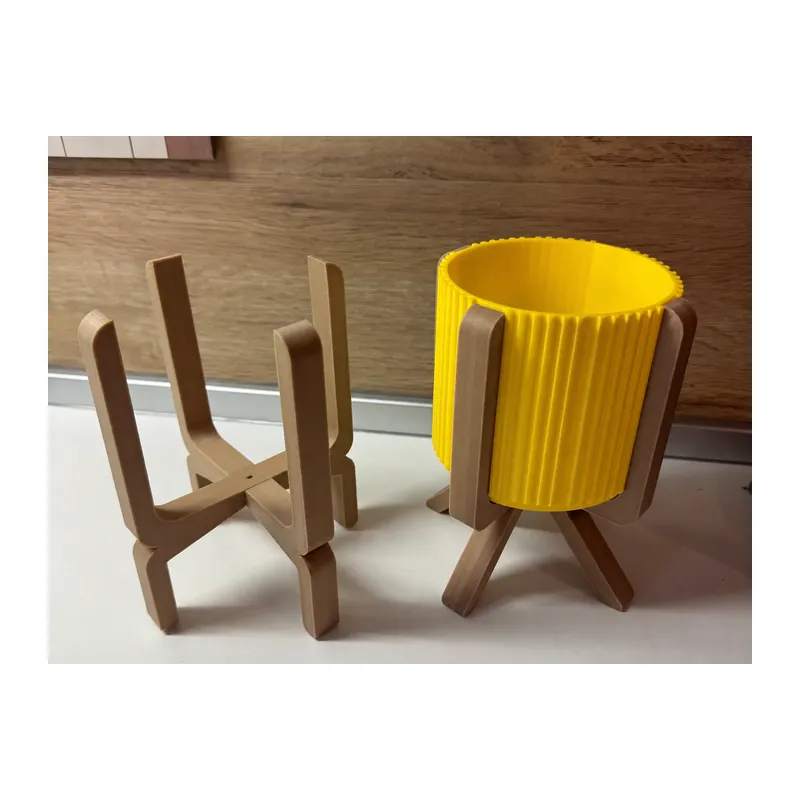 3D Baskı Ayaklı Çizgili Saksı - Bej Standlı Dekoratif Saksı - Sarı