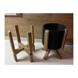 3D Baskı Ayaklı Çizgili Saksı - Bej Standlı Dekoratif Saksı - Siyah