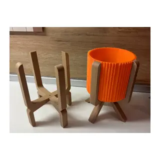 3D Baskı Ayaklı Çizgili Saksı - Bej Standlı Dekoratif Saksı - Turuncu