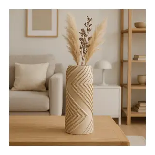 3D Baskı Vector Vazo - Geometrik Çizgili Dekoratif Vazo-Bej