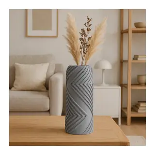 3D Baskı Vector Vazo - Geometrik Çizgili Dekoratif Vazo-Gri