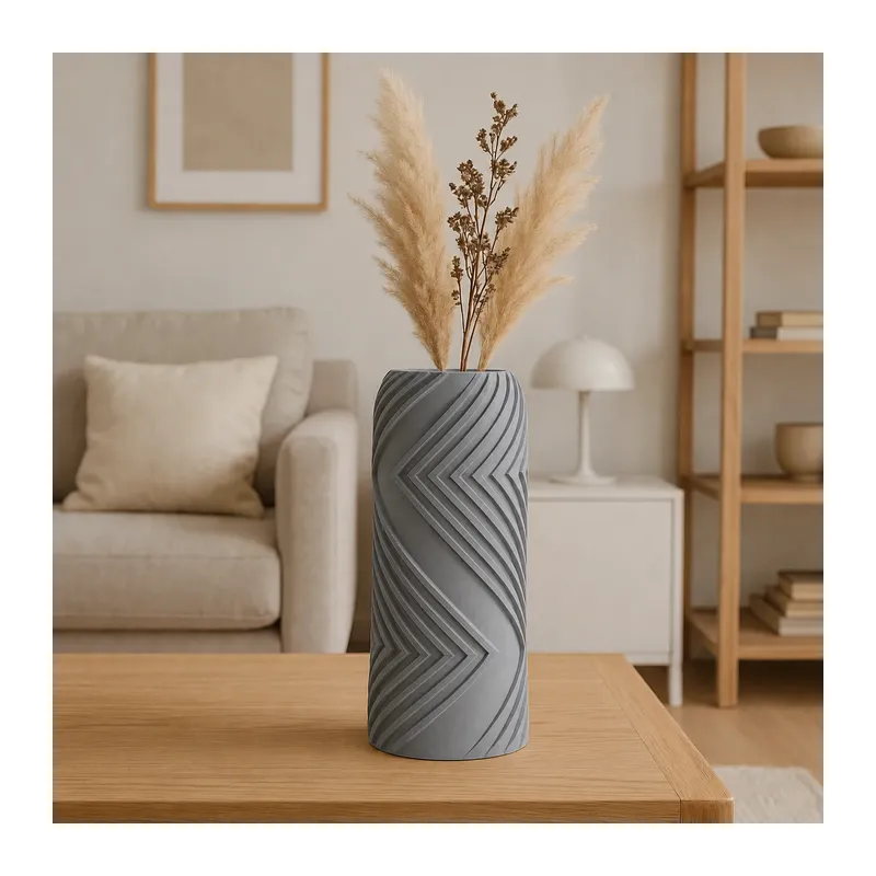 3D Baskı Vector Vazo - Geometrik Çizgili Dekoratif Vazo-Gri