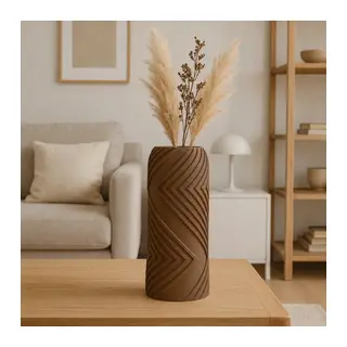 3D Baskı Vector Vazo - Geometrik Çizgili Dekoratif Vazo-Kahverengi