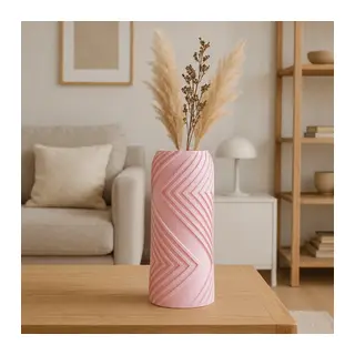 3D Baskı Vector Vazo - Geometrik Çizgili Dekoratif Vazo-Pembe