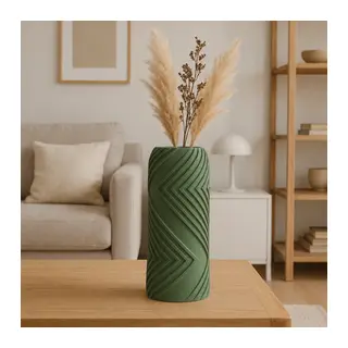 3D Baskı Vector Vazo - Geometrik Çizgili Dekoratif Vazo-Yeşil