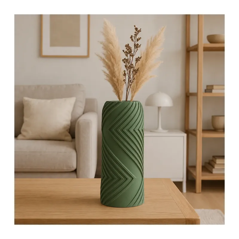 3D Baskı Vector Vazo - Geometrik Çizgili Dekoratif Vazo-Yeşil