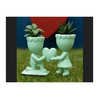 3D Baskı Aşk Saksısı - Kalp Tutan Çift Figürlü Dekoratif Saksı - Mint