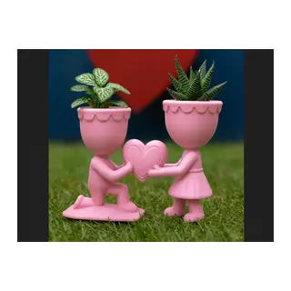 3D Baskı Aşk Saksısı - Kalp Tutan Çift Figürlü Dekoratif Saksı - Pembe