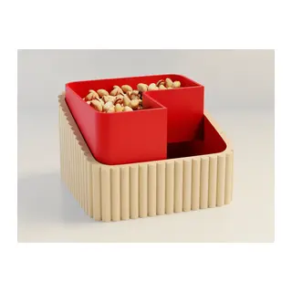 3D Baskı Fıstık Kasesi - Çift Hazneli Kabuk Ayırıcı Sunum Kasesi - Bej Kırmızı