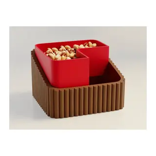 3D Baskı Fıstık Kasesi - Çift Hazneli Kabuk Ayırıcı Sunum Kasesi - Kahverengi Kırmızı