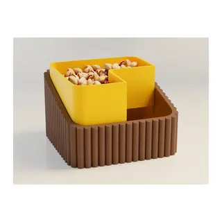 3D Baskı Fıstık Kasesi - Çift Hazneli Kabuk Ayırıcı Sunum Kasesi - Kahverengi Sarı