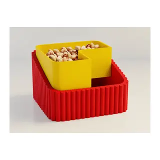 3D Baskı Fıstık Kasesi - Çift Hazneli Kabuk Ayırıcı Sunum Kasesi - Kırmızı Sarı