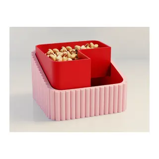 3D Baskı Fıstık Kasesi - Çift Hazneli Kabuk Ayırıcı Sunum Kasesi - Pembe Kırmızı