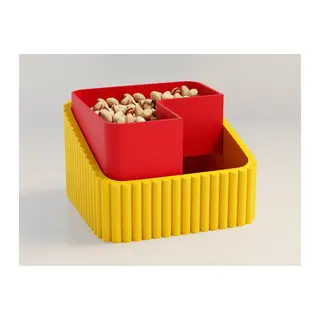 3D Baskı Fıstık Kasesi - Çift Hazneli Kabuk Ayırıcı Sunum Kasesi - Sarı Kırmızı