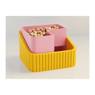 3D Baskı Fıstık Kasesi - Çift Hazneli Kabuk Ayırıcı Sunum Kasesi - Sarı Pembe