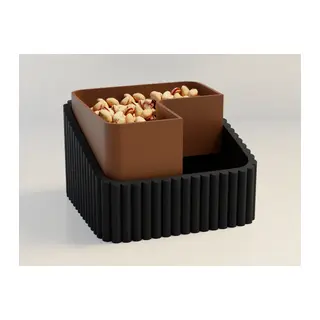 3D Baskı Fıstık Kasesi - Çift Hazneli Kabuk Ayırıcı Sunum Kasesi - Siyah Kahverengi