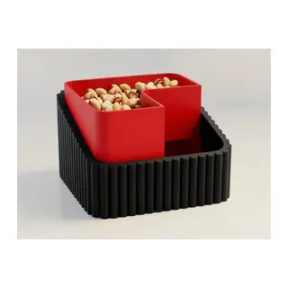 3D Baskı Fıstık Kasesi - Çift Hazneli Kabuk Ayırıcı Sunum Kasesi - Siyah Kırmızı