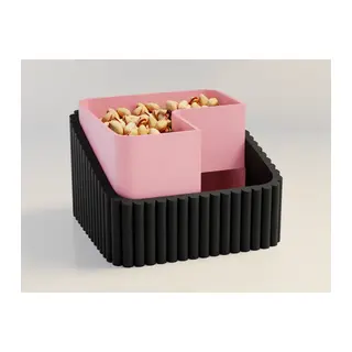 3D Baskı Fıstık Kasesi - Çift Hazneli Kabuk Ayırıcı Sunum Kasesi - Siyah Pembe