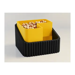 3D Baskı Fıstık Kasesi - Çift Hazneli Kabuk Ayırıcı Sunum Kasesi - Siyah Sarı