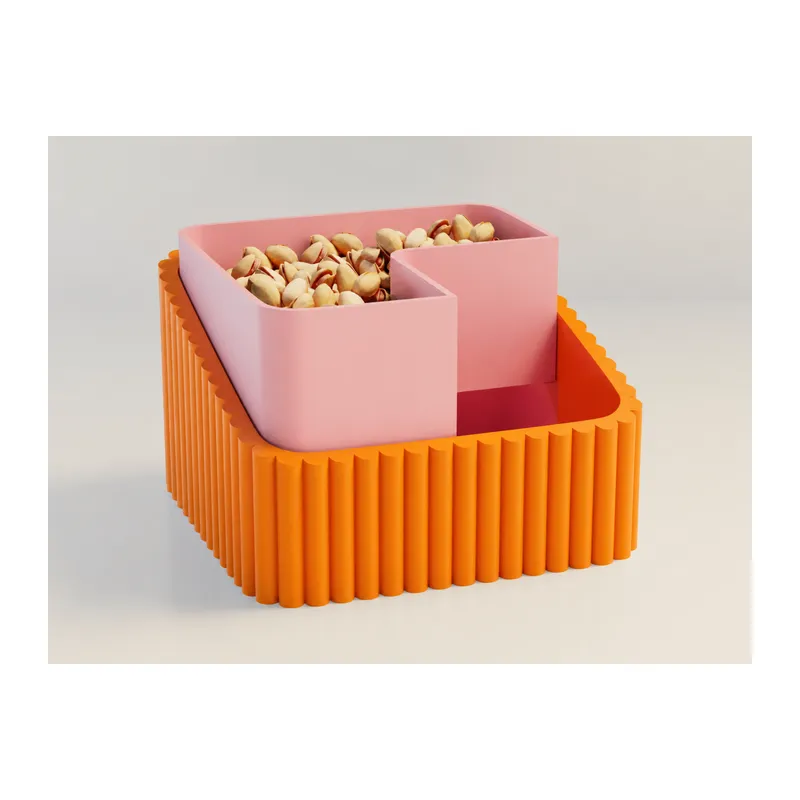 3D Baskı Fıstık Kasesi - Çift Hazneli Kabuk Ayırıcı Sunum Kasesi - Turuncu Pembe