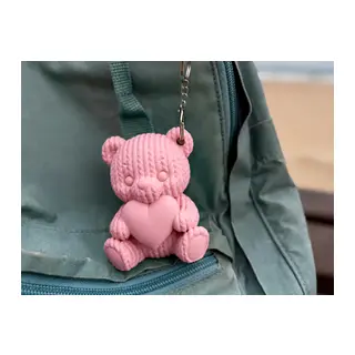 3D Baskı Kalpli Örgü Ayıcık Anahtarlık - Sevimli Çanta Süsü-Pembe