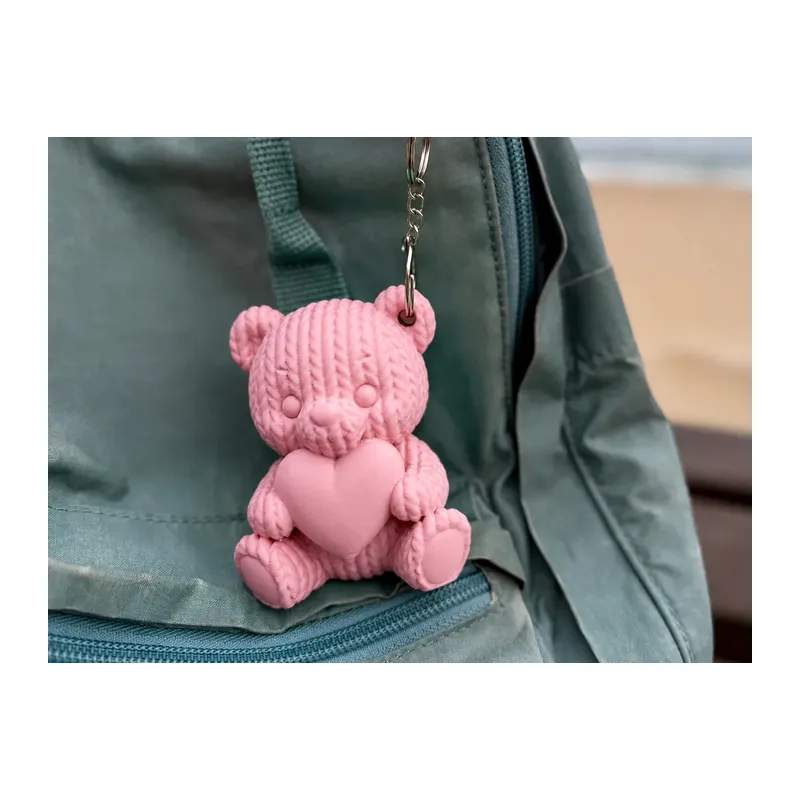 3D Baskı Kalpli Örgü Ayıcık Anahtarlık - Sevimli Çanta Süsü-Pembe