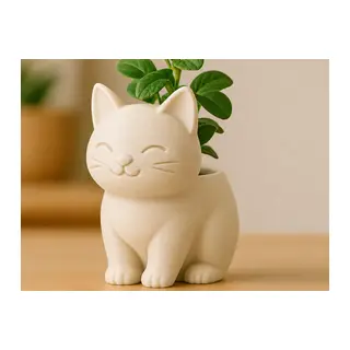 3D Baskı Sevimli Kedi Saksı - Figürlü Sukulent Saksısı-Bej
