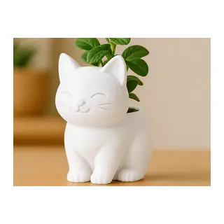 3D Baskı Sevimli Kedi Saksı - Figürlü Sukulent Saksısı-Beyaz