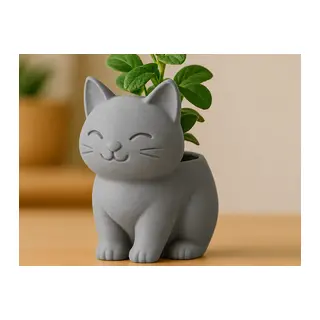3D Baskı Sevimli Kedi Saksı - Figürlü Sukulent Saksısı-Gri