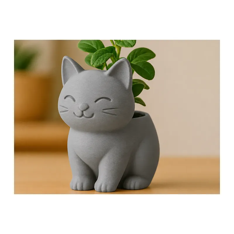 3D Baskı Sevimli Kedi Saksı - Figürlü Sukulent Saksısı-Gri