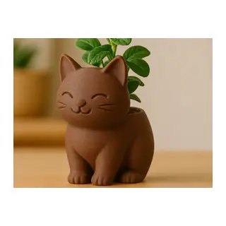 3D Baskı Sevimli Kedi Saksı - Figürlü Sukulent Saksısı-Kahverengi