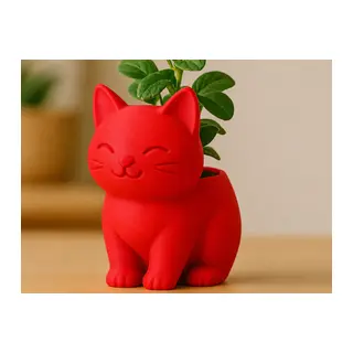 3D Baskı Sevimli Kedi Saksı - Figürlü Sukulent Saksısı-Kırmızı