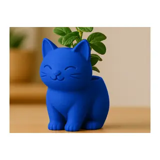 3D Baskı Sevimli Kedi Saksı - Figürlü Sukulent Saksısı-Mavi