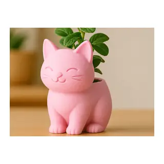 3D Baskı Sevimli Kedi Saksı - Figürlü Sukulent Saksısı-Pembe