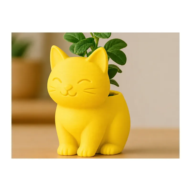 3D Baskı Sevimli Kedi Saksı - Figürlü Sukulent Saksısı-Sarı