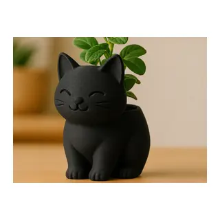 3D Baskı Sevimli Kedi Saksı - Figürlü Sukulent Saksısı-Siyah