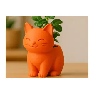 3D Baskı Sevimli Kedi Saksı - Figürlü Sukulent Saksısı-Turuncu