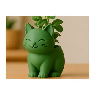 3D Baskı Sevimli Kedi Saksı - Figürlü Sukulent Saksısı-Yeşil