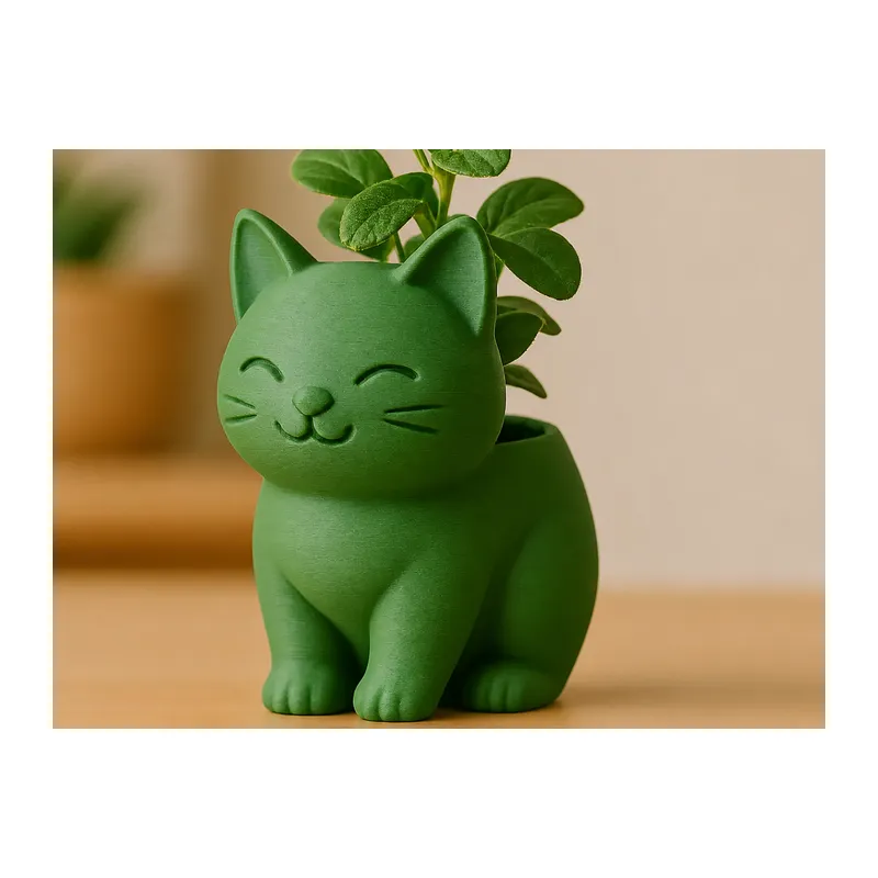 3D Baskı Sevimli Kedi Saksı - Figürlü Sukulent Saksısı-Yeşil