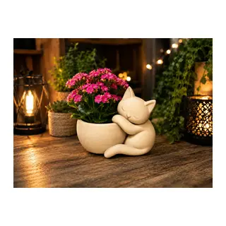3D Baskı Sarılan Kedi Saksı - Sevimli Dekoratif Saksı - Bej