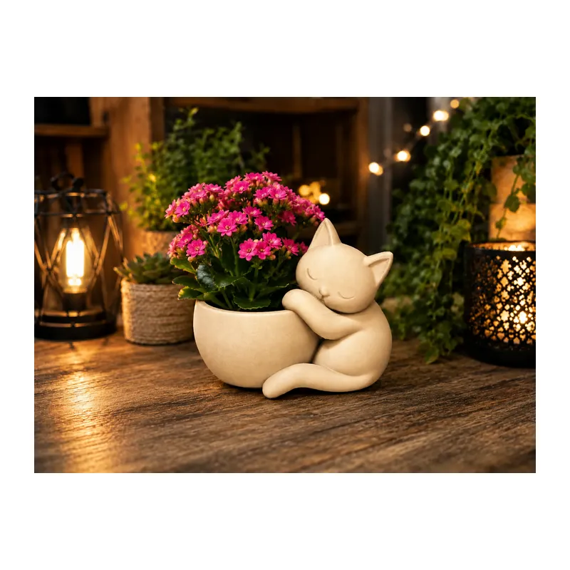 3D Baskı Sarılan Kedi Saksı - Sevimli Dekoratif Saksı - Bej