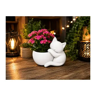 3D Baskı Sarılan Kedi Saksı - Sevimli Dekoratif Saksı - Beyaz