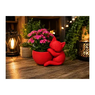 3D Baskı Sarılan Kedi Saksı - Sevimli Dekoratif Saksı - Kırmızı