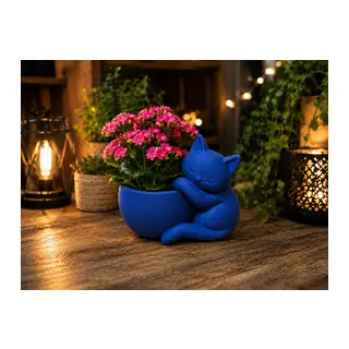 3D Baskı Sarılan Kedi Saksı - Sevimli Dekoratif Saksı - Mavi