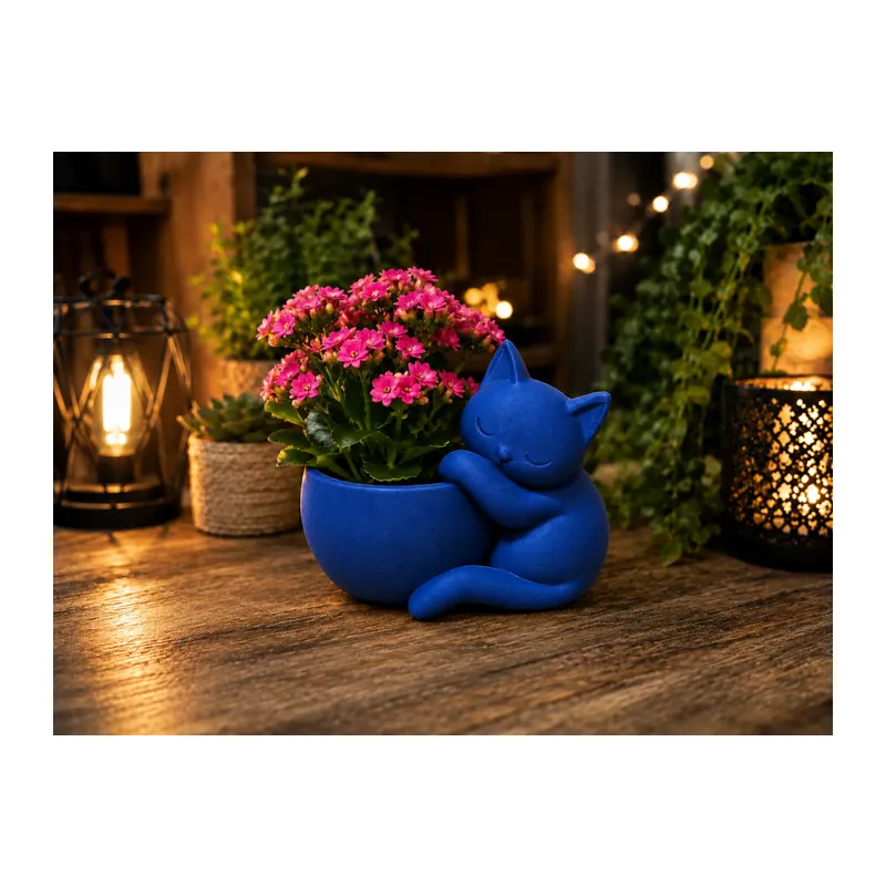 3D Baskı Sarılan Kedi Saksı - Sevimli Dekoratif Saksı - Mavi