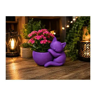 3D Baskı Sarılan Kedi Saksı - Sevimli Dekoratif Saksı - Mor