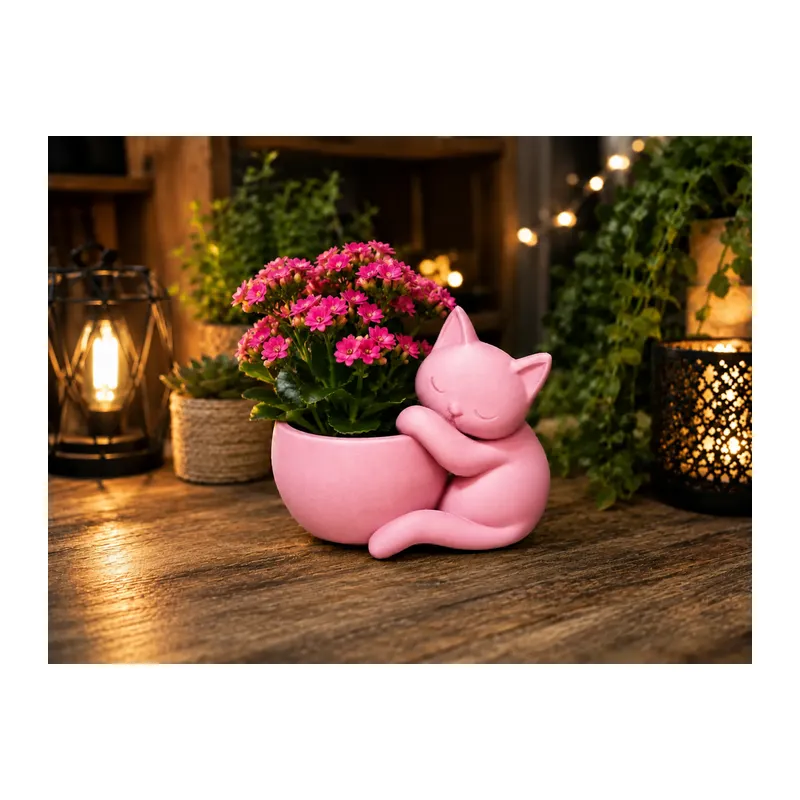 3D Baskı Sarılan Kedi Saksı - Sevimli Dekoratif Saksı - Pembe